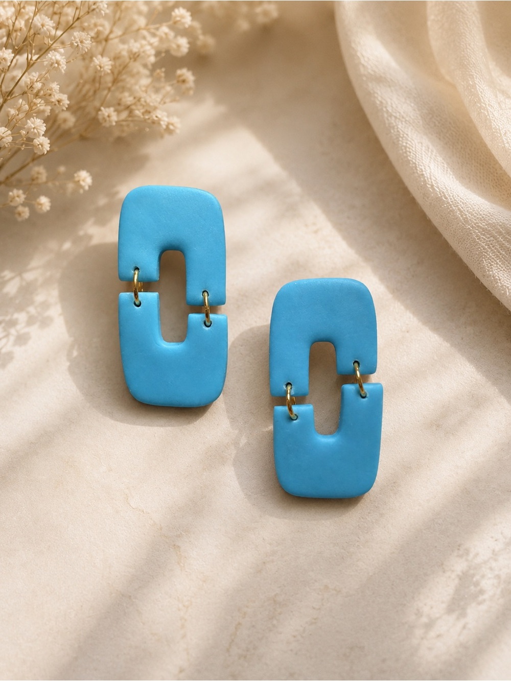 Modern Linked Drop Handmade Polymer Clay Earrings in Sky Blue